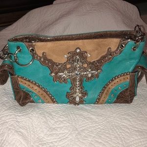 Teal and brown cross purse